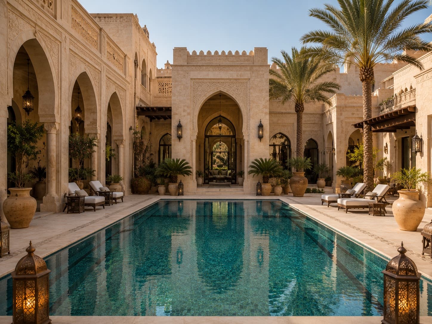 Luxury swimming pool maintained by Al Kahaf in Bahrain — classic villa pool with warm stone.