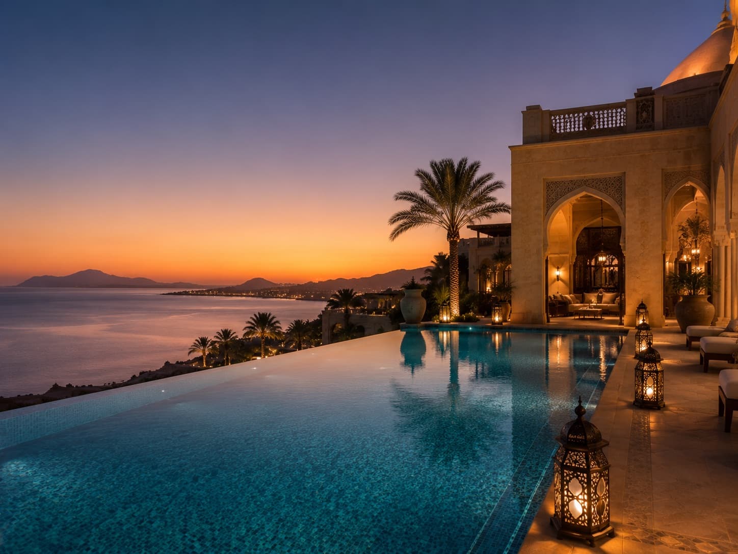 Luxury swimming pool maintained by Al Kahaf in Bahrain — infinity pool overlooking coastal horizon.
