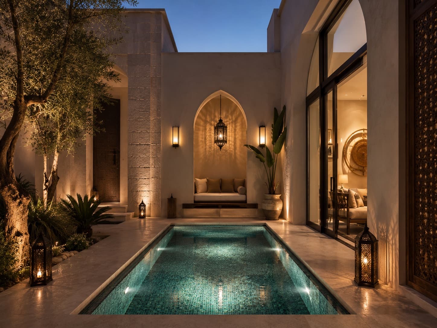 Luxury swimming pool maintained by Al Kahaf in Bahrain — intimate courtyard plunge pool.