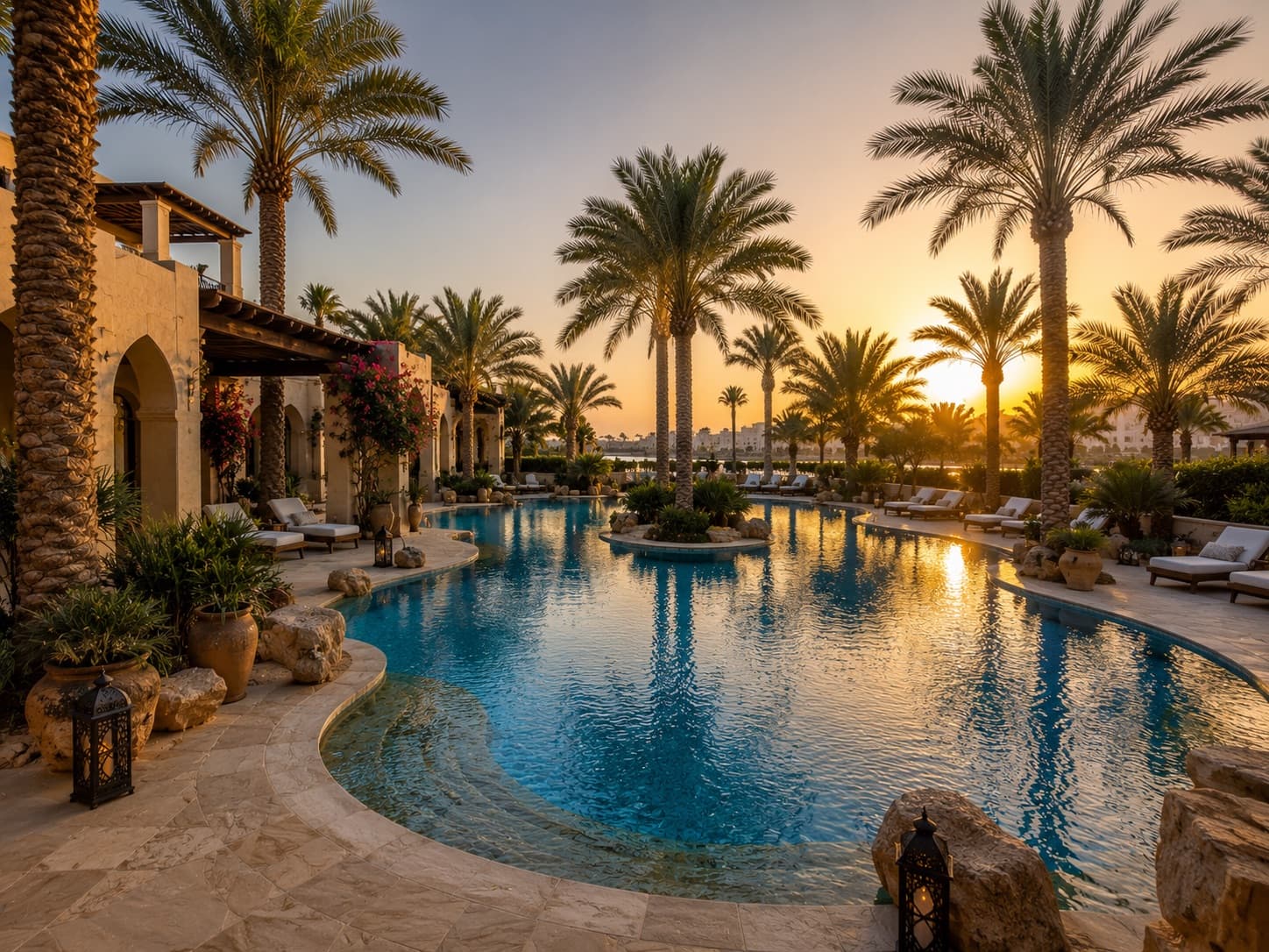 Luxury swimming pool maintained by Al Kahaf in Bahrain — resort freeform pool with stone deck.