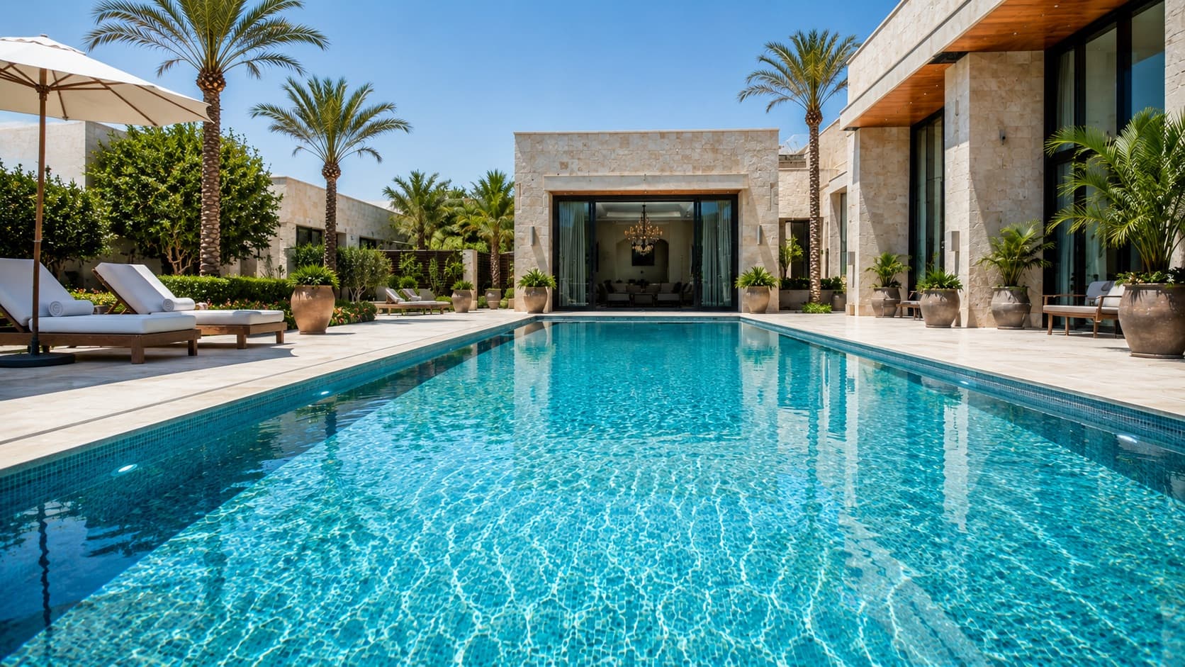 Crystal-clear swimming pool water in a Bahrain villa