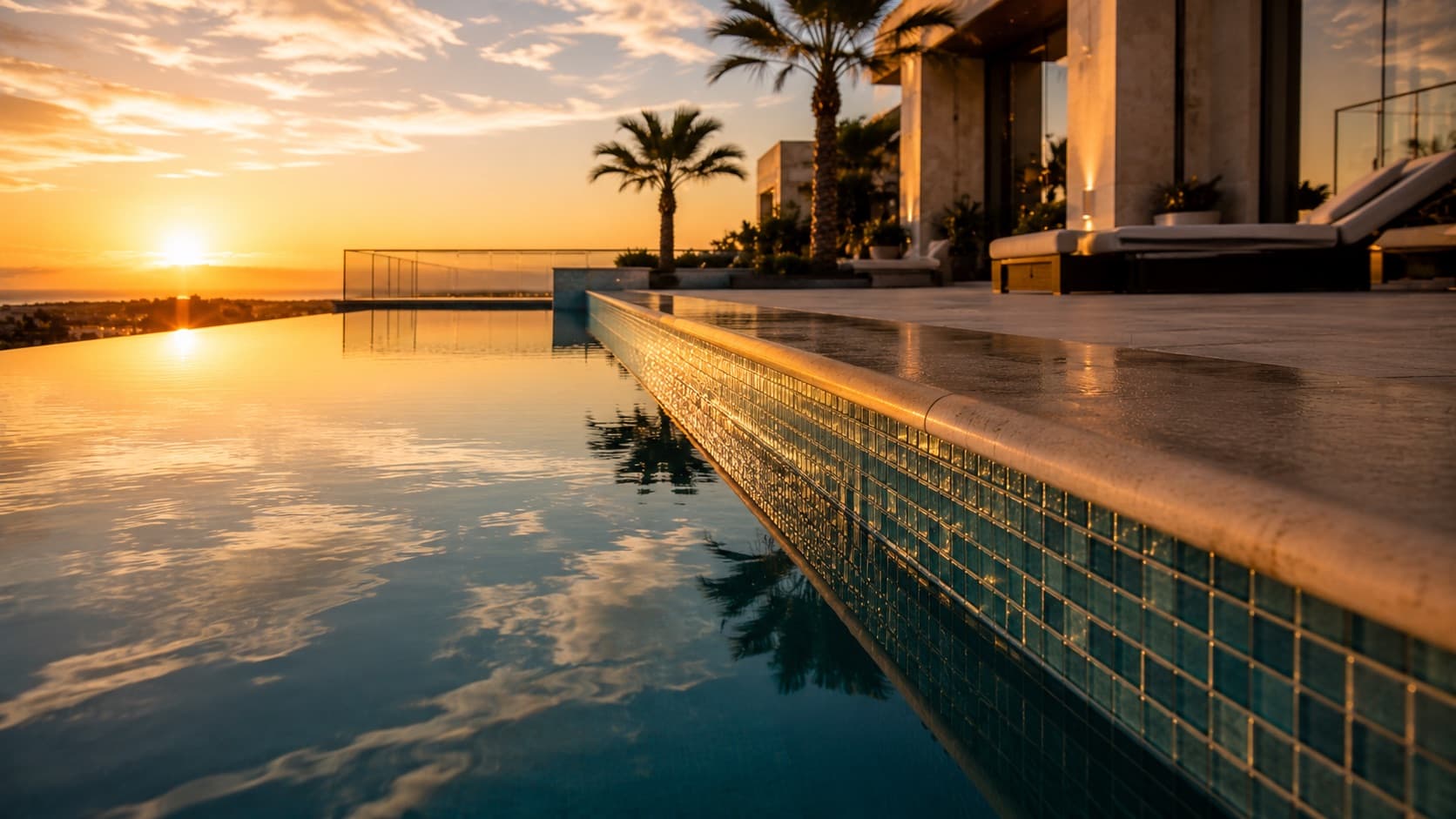 Fully renovated luxury swimming pool in Bahrain at golden hour