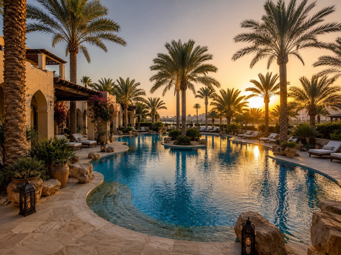 Luxury swimming pool maintained by Al Kahaf in Bahrain — resort freeform pool with stone deck.