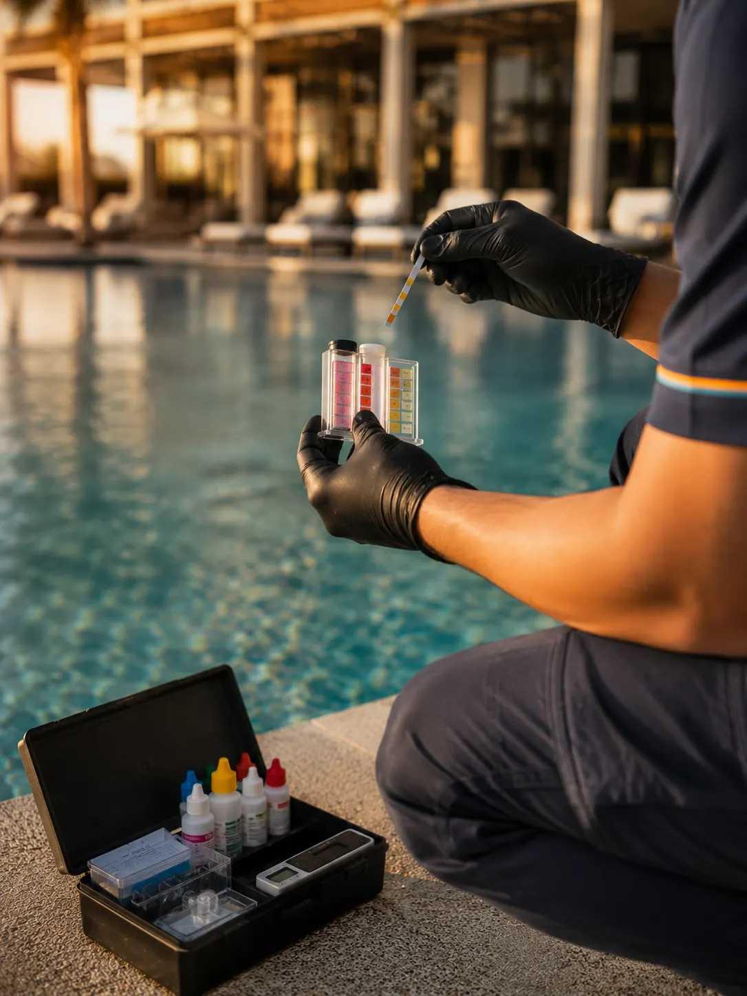 Al Kahaf technician servicing pool equipment as part of a commercial maintenance contract in Bahrain